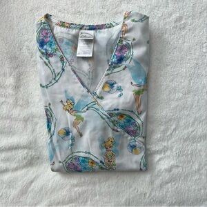 Disney Women's Tinkerbell Floral Scrub Top - White and Blue
